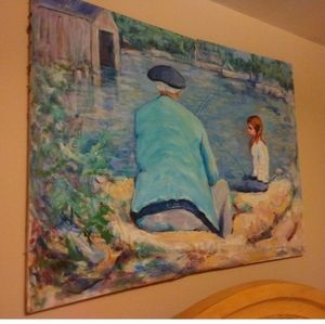 Oil painting grandfather and grabddaughter